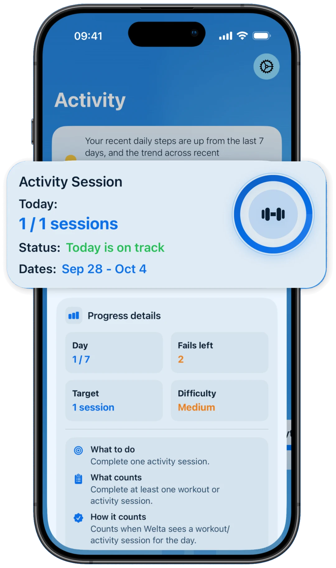 Welta's Activity Session challenge, with a floating progress card and details about the seven-day routine.