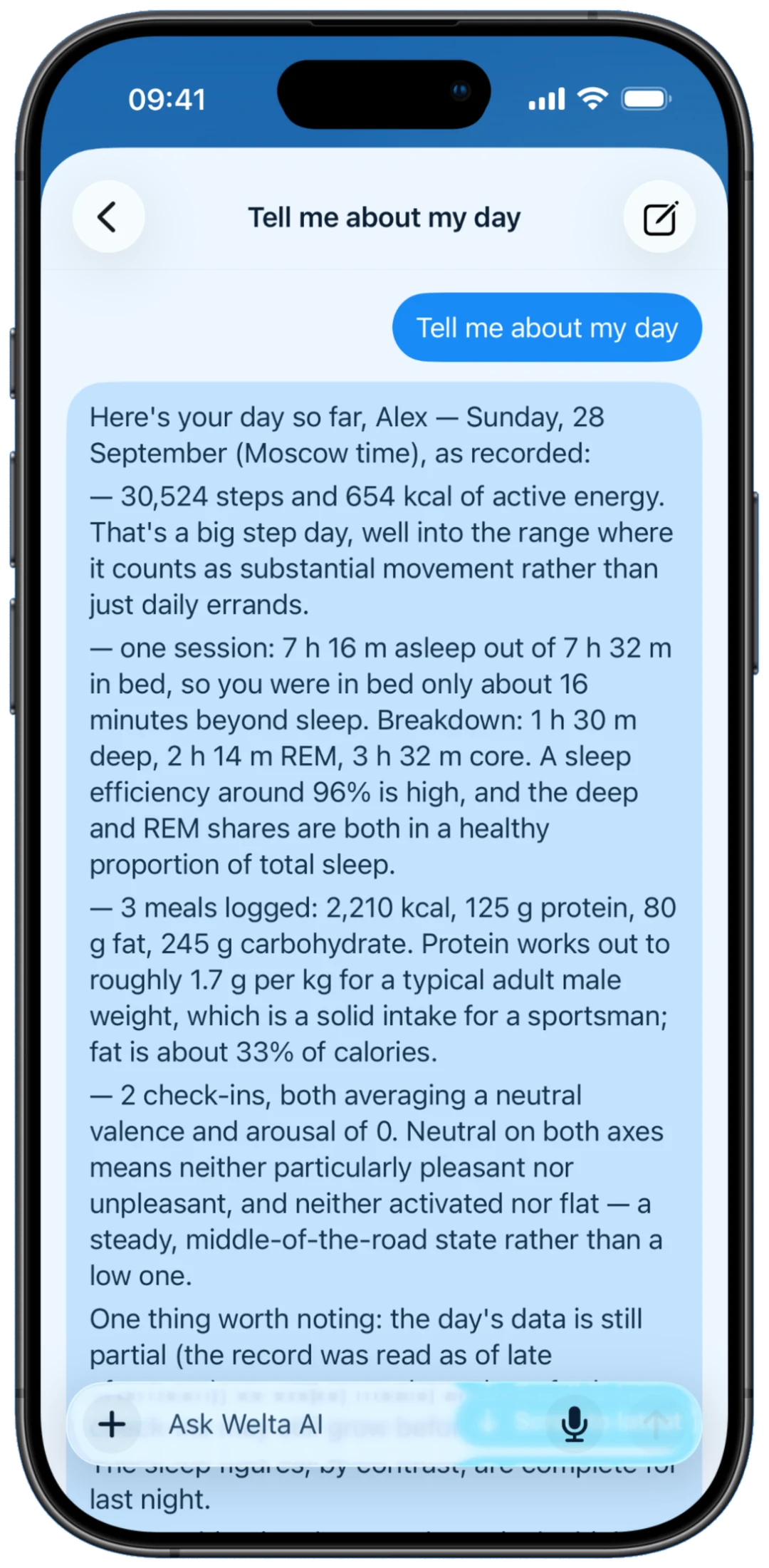 Welta AI Chat explaining a day's recorded activity, sleep, meals, and mood in response to Tell me about my day.