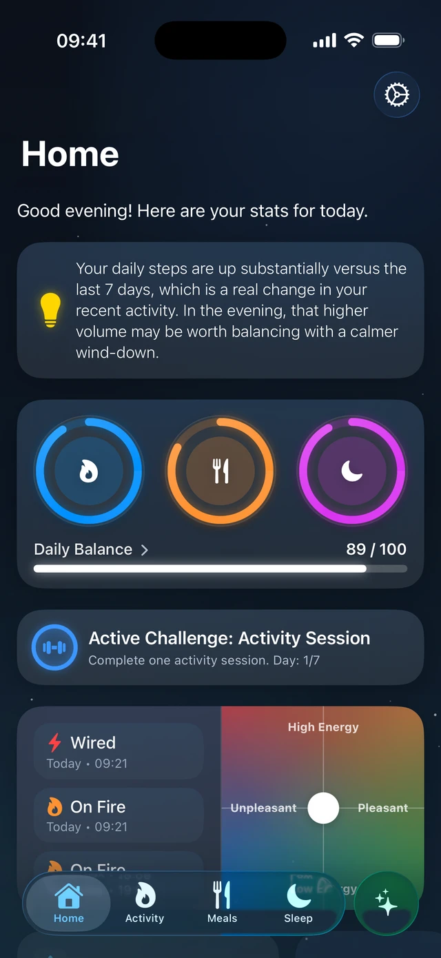 Welta Home in dark appearance, showing a daily insight and Daily Balance.