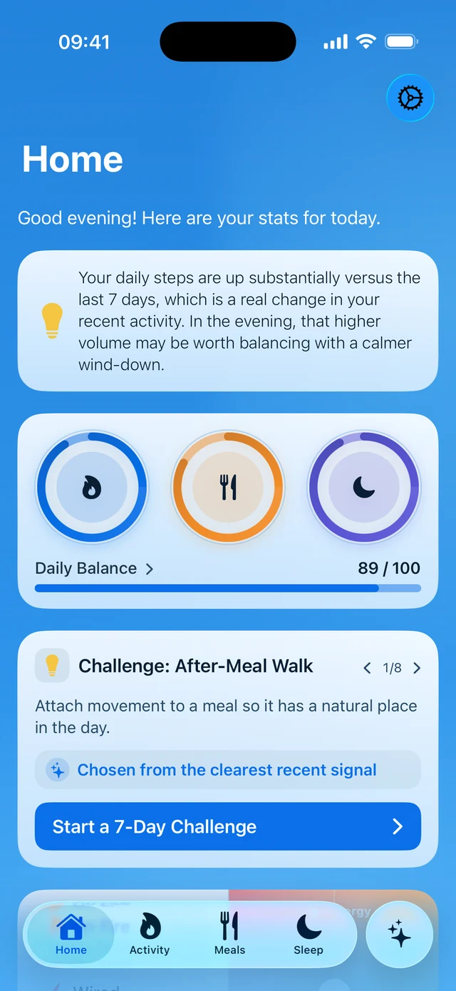 Welta Home in light appearance, showing a daily insight, balance rings, and an after-meal walk challenge.