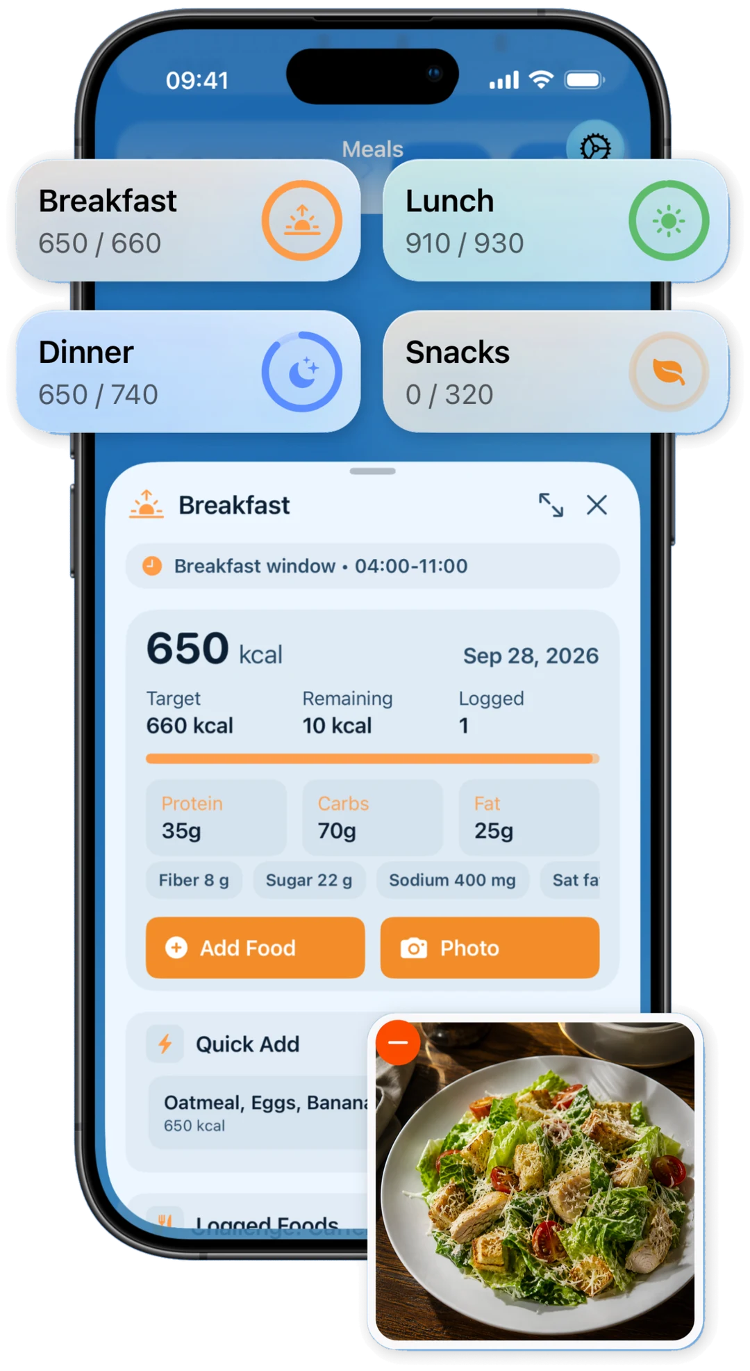 Welta Meals with breakfast, lunch, dinner, and snack cards extending beyond the iPhone, plus a photo of a salad.