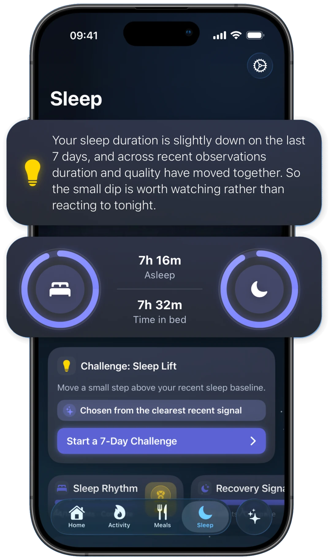 Welta Sleep with a daily insight and a floating card showing time asleep and time in bed with purple progress rings.