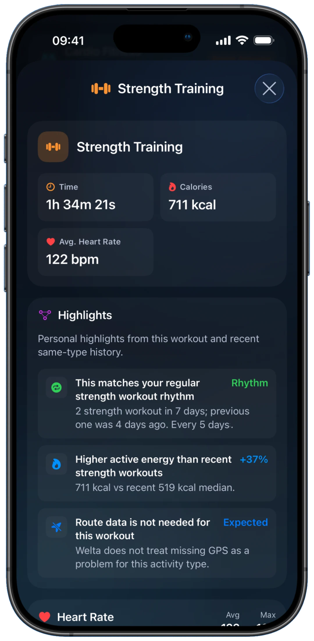 A strength training workout in Welta showing duration, energy, heart rate, and personal highlights compared with recent workouts.